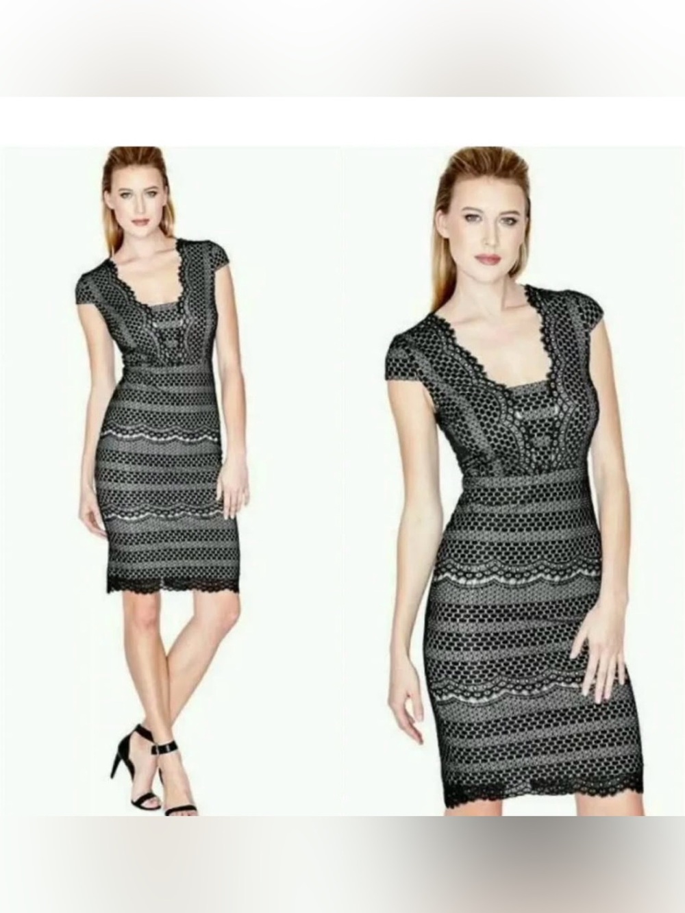 Marciano Black Lace-Overlay Cap Sleeve Midi Dress